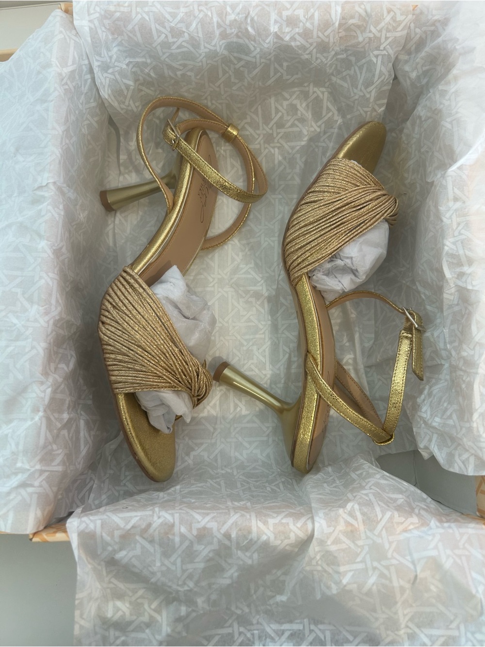 NIB Gold Metallic Strappy Heels Sandals Wedding Party Jewel Badgley 7.5 - Picture 8 of 11